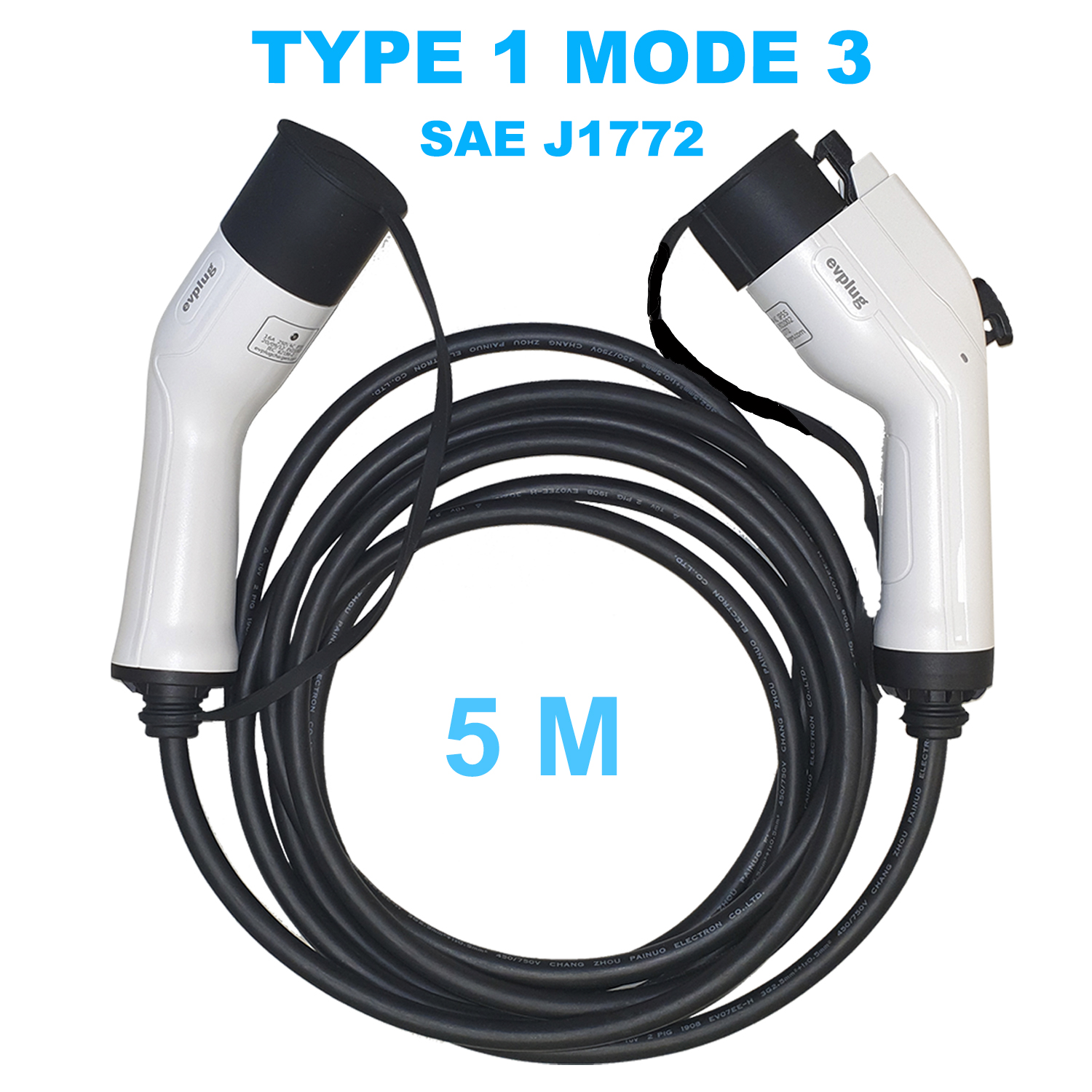 EVPLUG® Charging Cable for EV PHEV Electric Cars, 3.6 kW, 16 A, Type 2  to Type 1, 5 Meter, 1 Phase