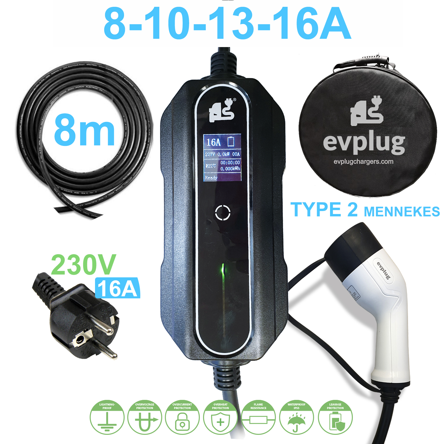 evplug/Chargeur EV Portable Voiture Electrique (Type 1, 5m, 3,6kW